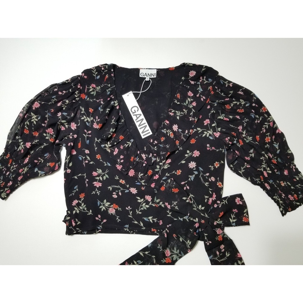 NWT GANNI Floral Print Georgette Wrap Blouse - Black & Pink 🌸 EU 38 (US 6) $160 - Picture 7 of 16